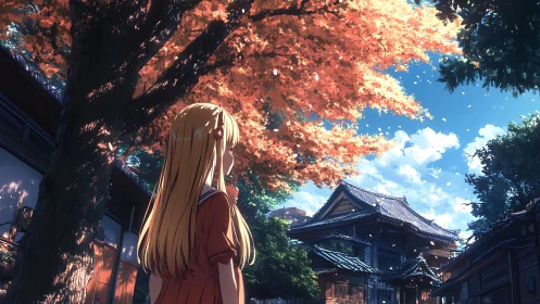 Quiet autumn reverie under ember-lit temple leaves.