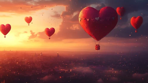 Heart-Shaped Hot Air Balloons Floating Above Glowing Sunset City