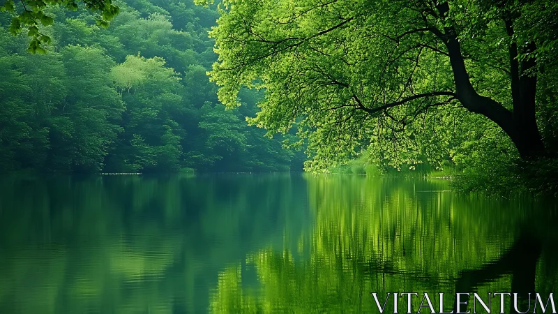 Tranquil Forest Lake with Lush Greenery in Serene Nature Scene.