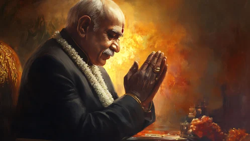Elderly man in prayer before warm, glowing background.