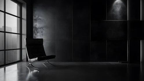 Minimalist interior with chair positioned before large window.