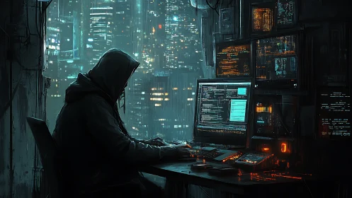 Hooded coder in neon cyberpunk lab overlooking cityscape.