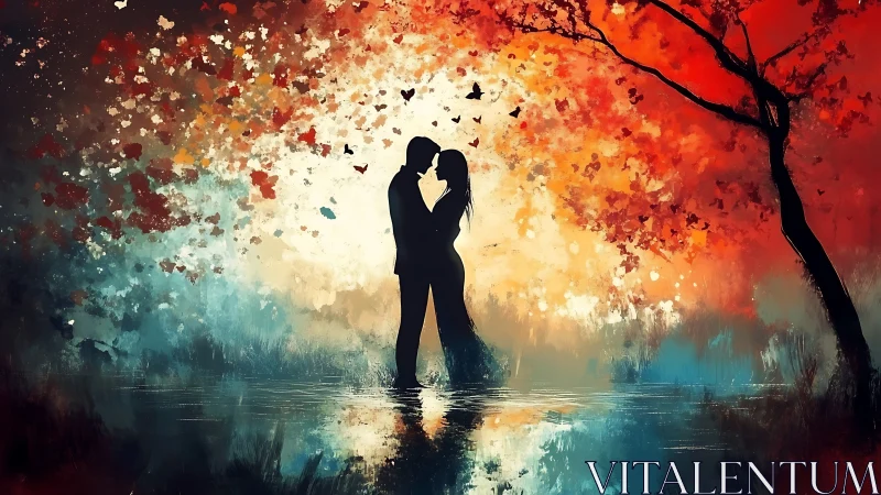 Love Under Falling Leaves: A Romantic Waterside Moment.