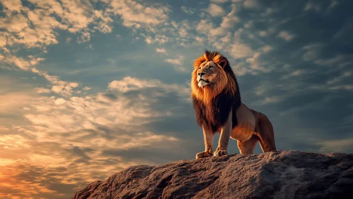 Sunlit lion standing proud atop a quiet rocky lookout.