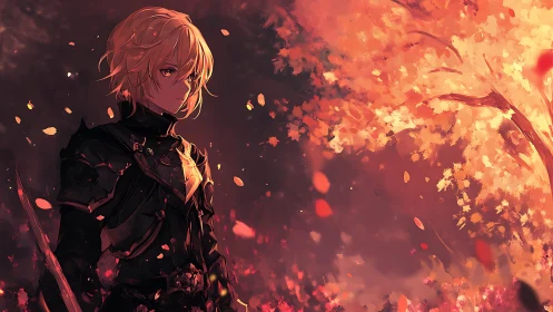 Lone blonde swordsman stands beneath a blazing autumn tree