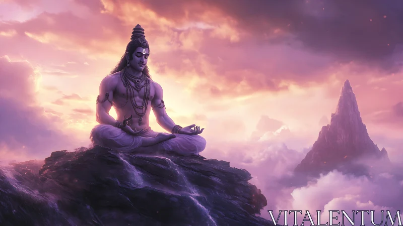 Shiva figure meditates on rocky peak above glowing clouds