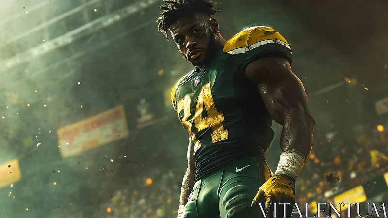 Stadium titan in green armor stalks the roaring sidelines.