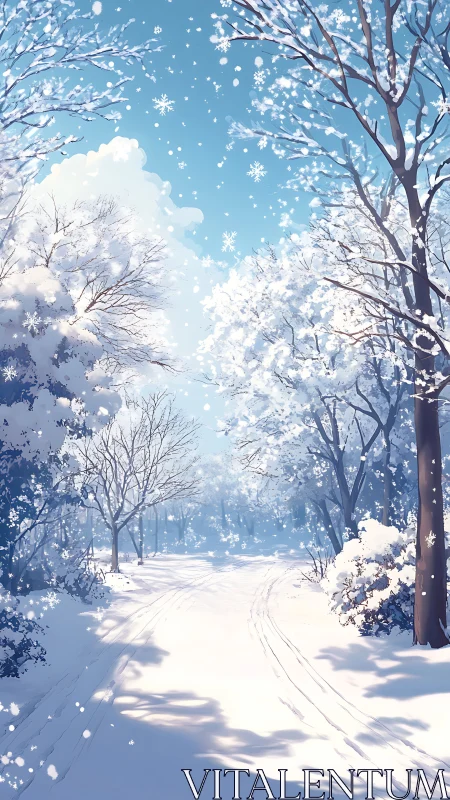 Snow covered forest path under clear winter daylight sky.