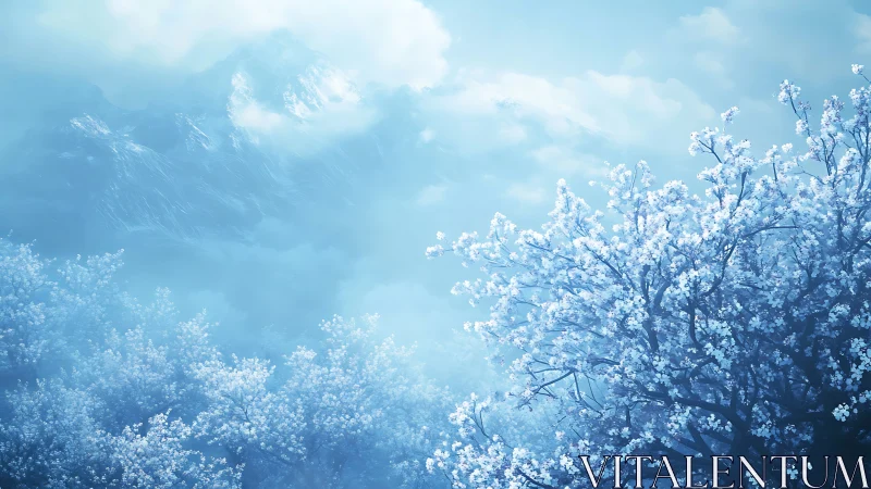 Gentle dawn over misty mountains and frosted blossoms.