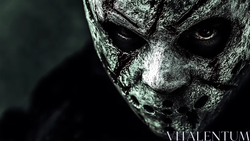 Sinister metal mask looms in shadow with piercing eyes.