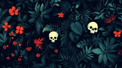 Skulls are positioned among dense tropical leaves and flowers