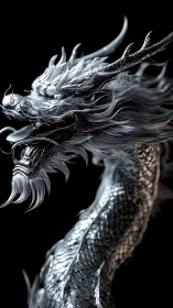 Monochrome serpentine dragon rendered in metallic detail.