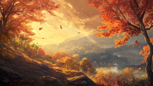 Golden autumn valley glows softly beneath drifting leaves