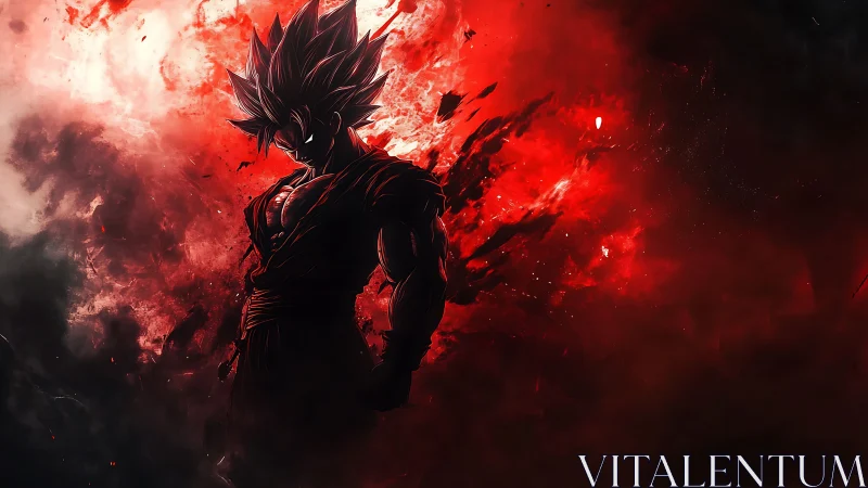 Silhouetted spiky-haired fighter in red abstract energy field.