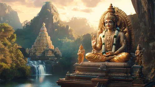 Large seated deity statue is positioned before stepped temple complex