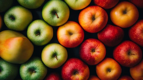 Overhead close-up of assorted apples under soft directional light