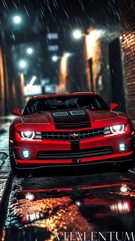 Red muscle car idles in neon-lit rainy alley at night.