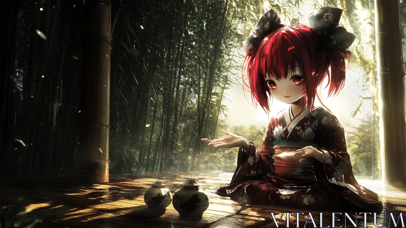 Red-haired girl pours tea in glowing bamboo pavilion