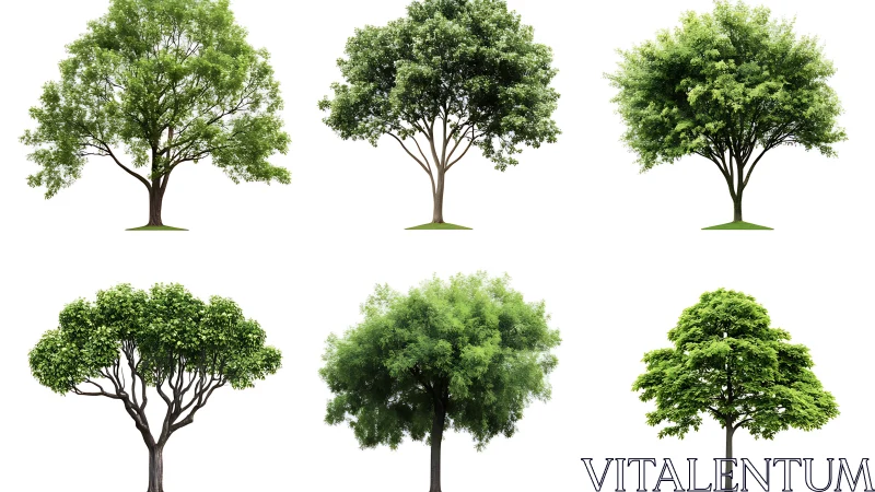 Diverse deciduous trees isolated on clean white background.