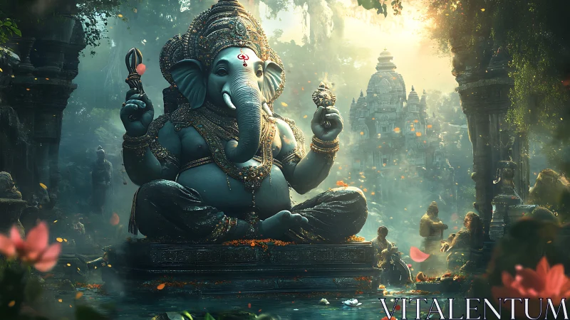 Ganesha statue in jungle temple complex with misted backdrop.