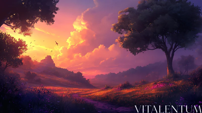 Sunset meadow dreaming under clouds of painted fire.