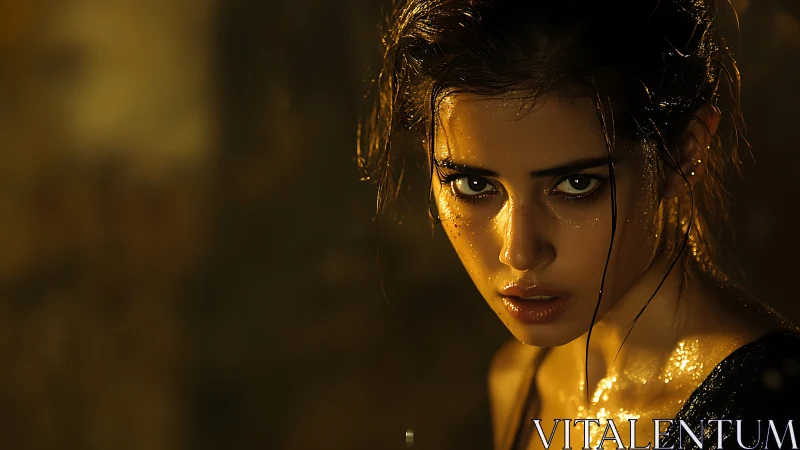 Intense wet portrait in dramatic golden low key lighting.