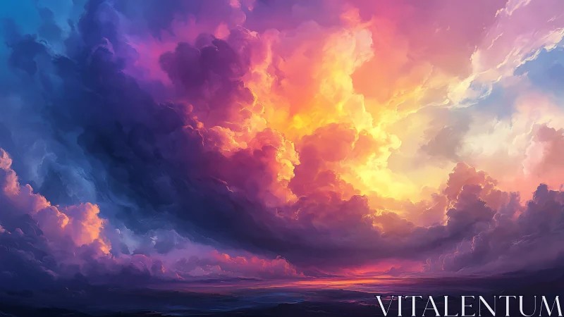 Vibrant multicolored cumulonimbus cloudscape over horizon.