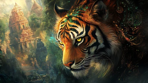 Tiger head overlay against dense jungle temple setting.