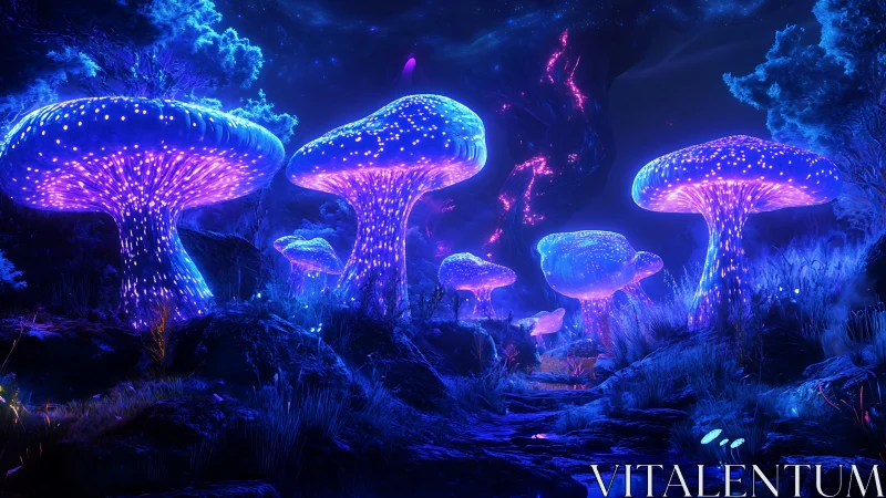 Gentle glow of giant neon mushrooms in a midnight forest.
