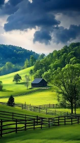 Rural hillside pasture with wooden fences and storm clouds.