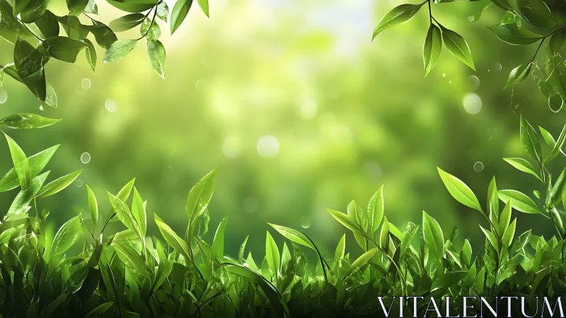 Sunlit foliage border framing luminous green bokeh field.