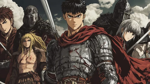 Armored anime warrior leading grim medieval battle group.