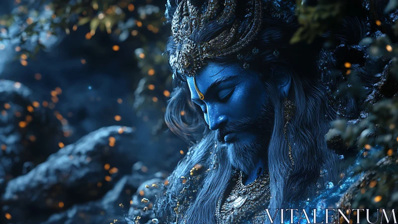 Divine blue deity portrait in luminous forest nightscape.