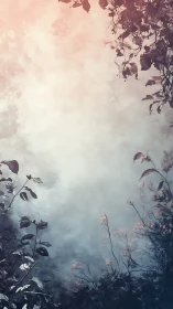 Pastel sky framed by silhouetted foliage and soft mist