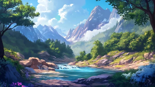 Sunlit alpine river valley framed by lush conifer forests.