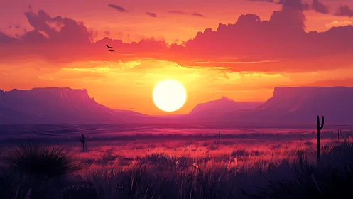 Radiant desert sunset illuminates mesas in stylized gradient