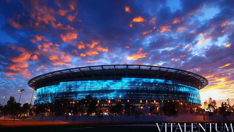 Illuminated modern stadium exterior under evening sky.