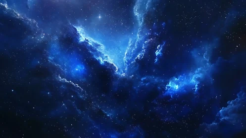 Deep blue interstellar nebula with dense star field.