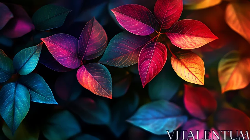 Vibrant multicolored leaves on dark blurred background.