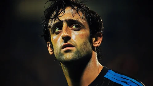 Floodlit footballer portrait under dramatic stadium light.