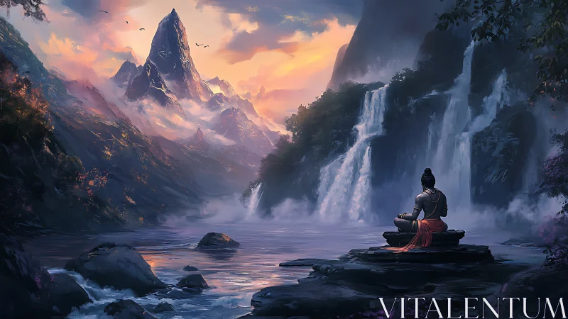 Mystic monk meditating beside cascading mountain waterfalls.