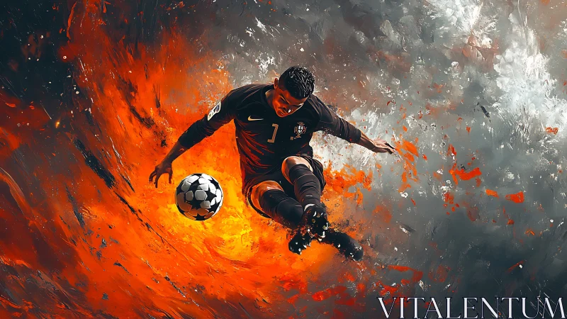 Soccer player dives through fiery abstract vortex of energy