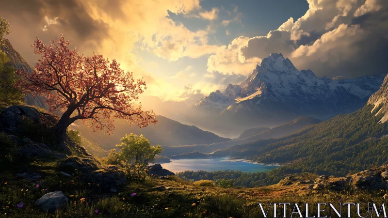 Golden mountain sunset over a serene blooming valley.