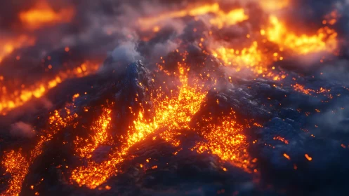 Volcanic fury cascades across molten mountain peaks in luminous spectacle.