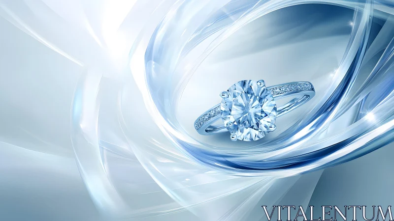 Diamond engagement ring on abstract blue silk background, digital art.