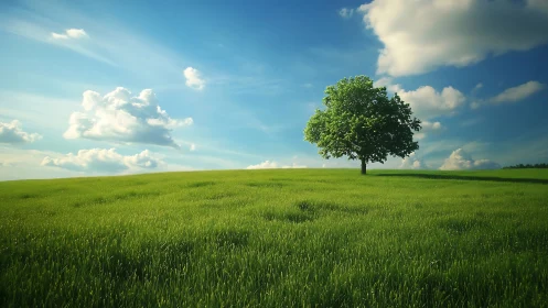 Solitary green tree resting beneath a wide summer sky.