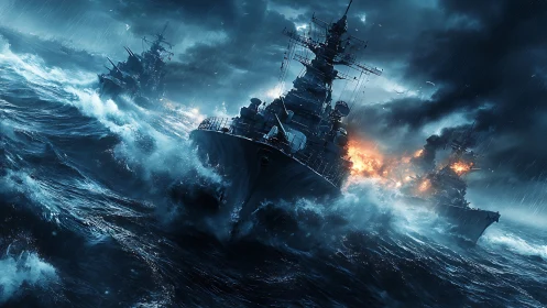 Warships advance through stormy seas under heavy combat fire
