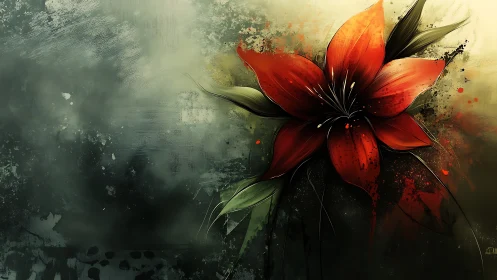 Digital Botanical Abstraction: Red Flower Against Weathered Textural Background Composition