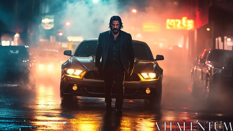 Cinematic night street portrait with neo-noir lighting design.