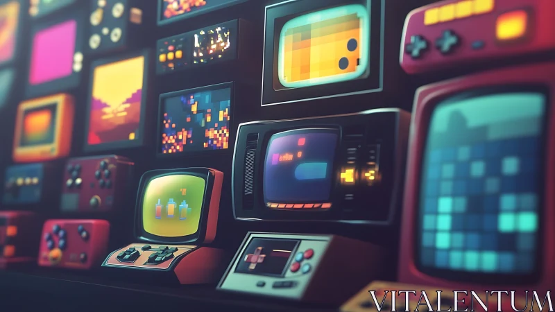 Retro gaming monitors wall with pixel art arcade displays